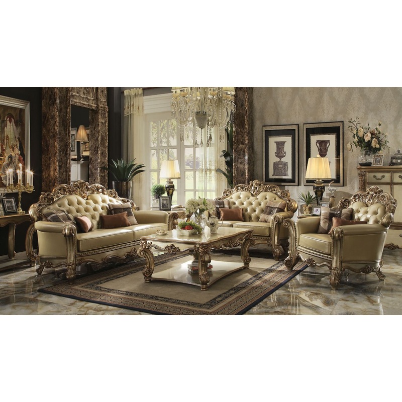 ACME Vendome Bone Synthetic Leather Gold Patina Sofa with 4 Pillows Model 53000