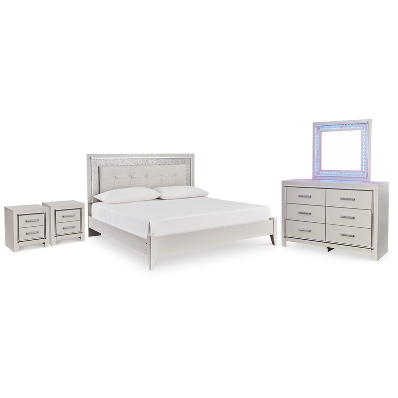 Zyniden King Upholstered Panel Bed, Dresser, Mirror and 2 Nightstands