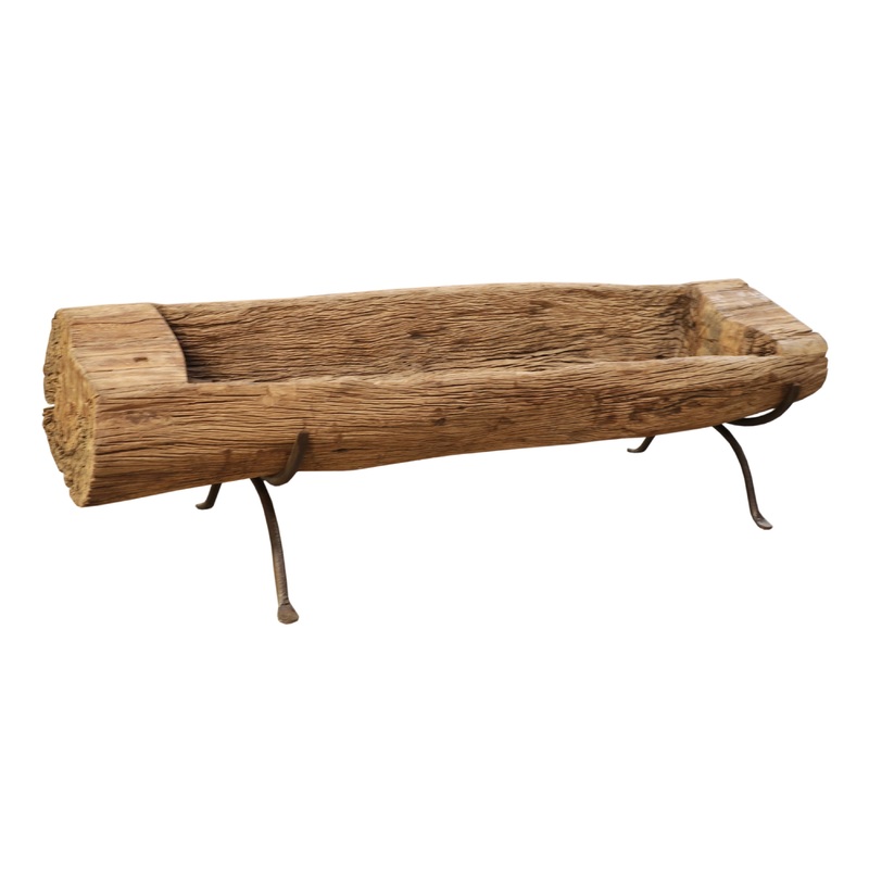 Vintage Natural Feeding Trough On Iron Stand