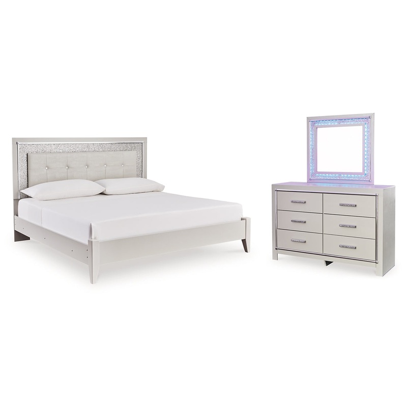 Zyniden King Upholstered Panel Bed with Mirrored Dresser
