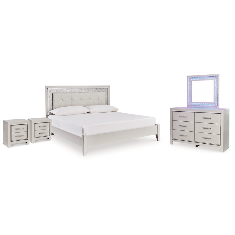 Zyniden King Upholstered Panel Bed with Mirrored Dresser and 2 Nightstands