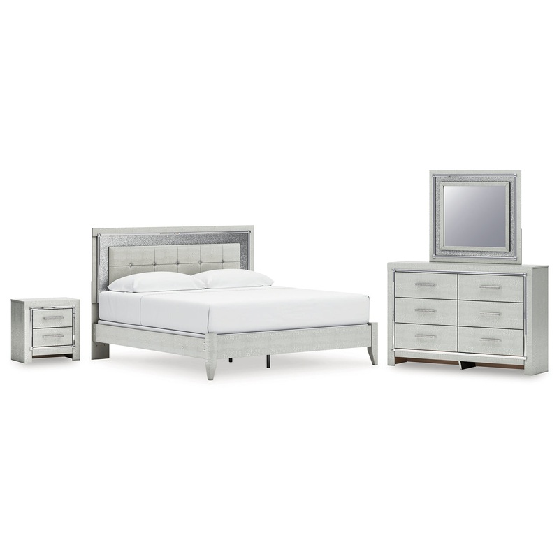 Zyniden King Upholstered Panel Bed with Mirrored Dresser and Nightstand