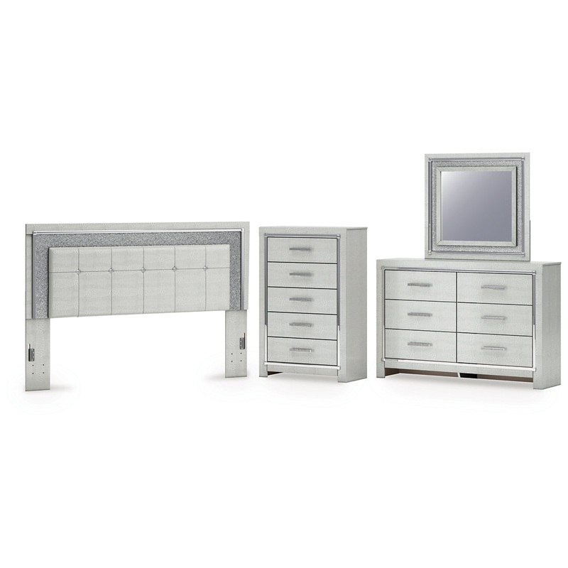 Zyniden King Upholstered Panel Headboard with Mirrored Dresser and Chest