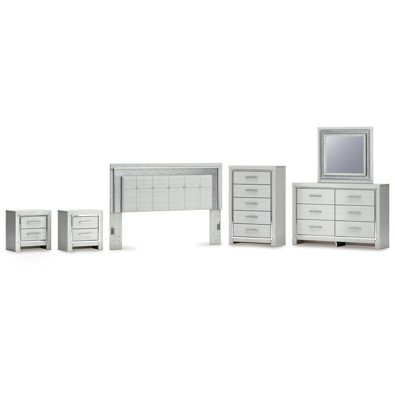 Zyniden King Upholstered Panel Headboard with Mirrored Dresser, Chest and 2 Nightstands