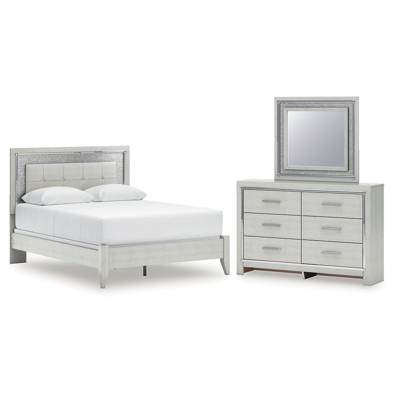 Zyniden Queen Upholstered Panel Bed with Mirrored Dresser