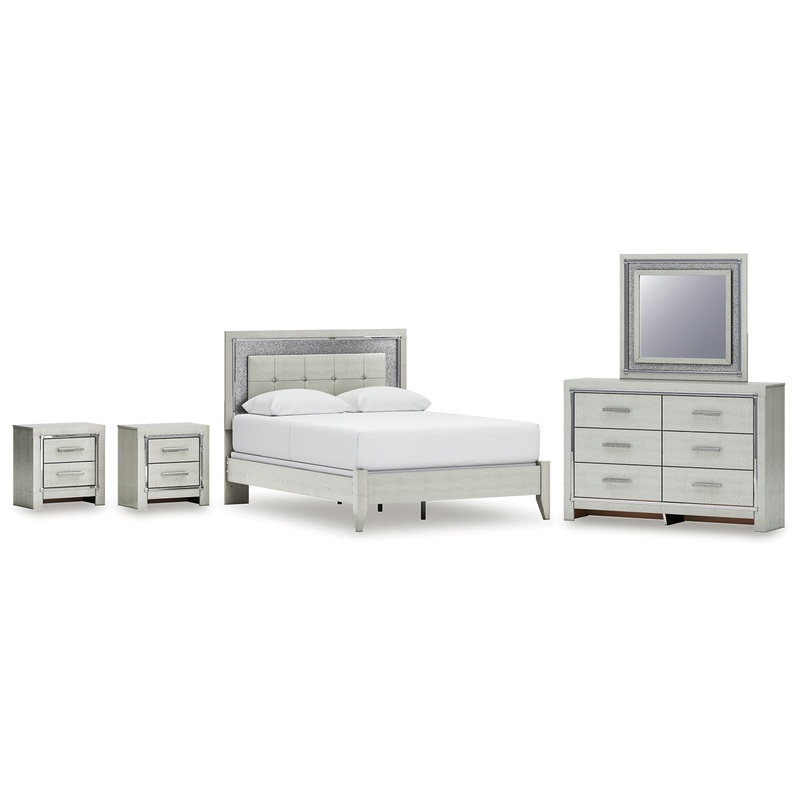 Zyniden Queen Upholstered Panel Bed with Mirrored Dresser and 2 Nightstands