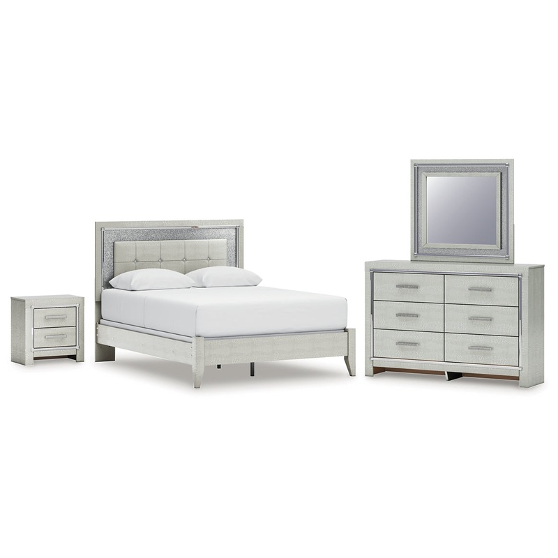Zyniden Queen Upholstered Panel Bed with Mirrored Dresser and Nightstand