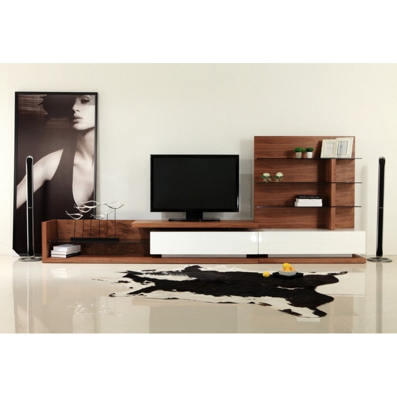 Modrest Jefferson Mid Century Walnut And White High Gloss Entertainment Center Model VGBB662N-WAL
