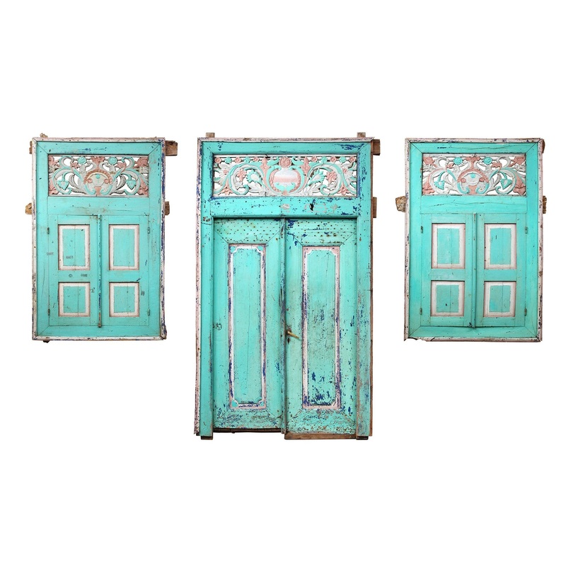 Antique Distressed Painted and Sealed Finish Java Window And Door Set