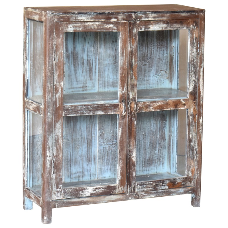 Wooden Old World Distressed Painted Finish Glass Small Cabinet