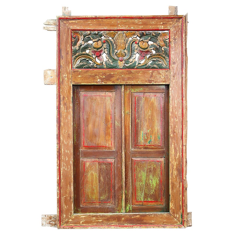Antique Distressed Painted And Waxed Finish Javanese Window With Frame