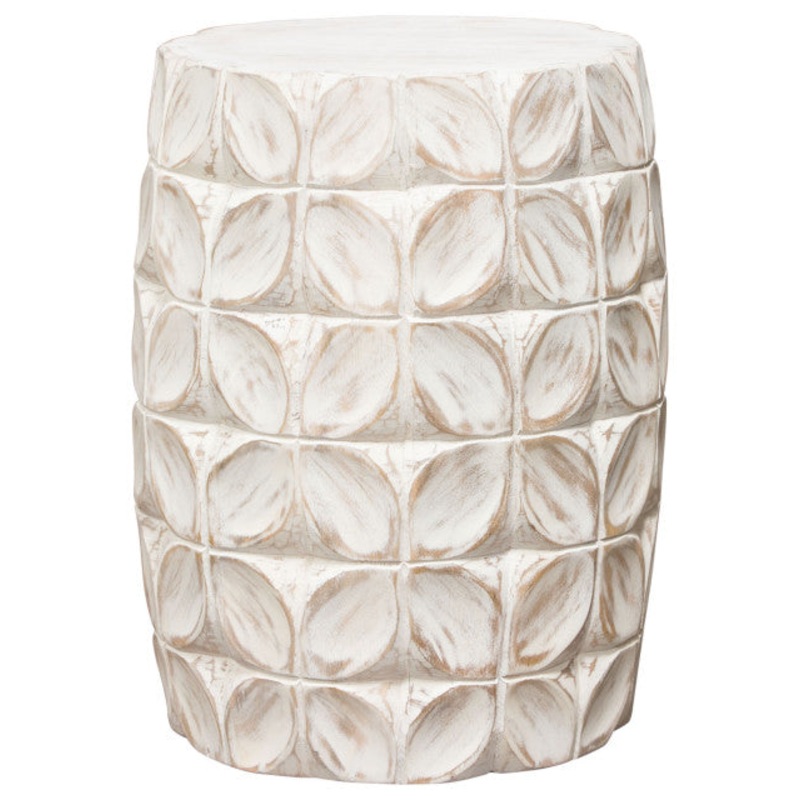 Fig Solid Mango Wood Accent Table in Distressed White Finish Leaf Motif By Diamond Sofa