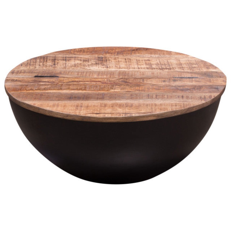 Salem Round Drum Storage Cocktail Table, Natural Mango Wood Top Black Metal Base By Diamond Sofa