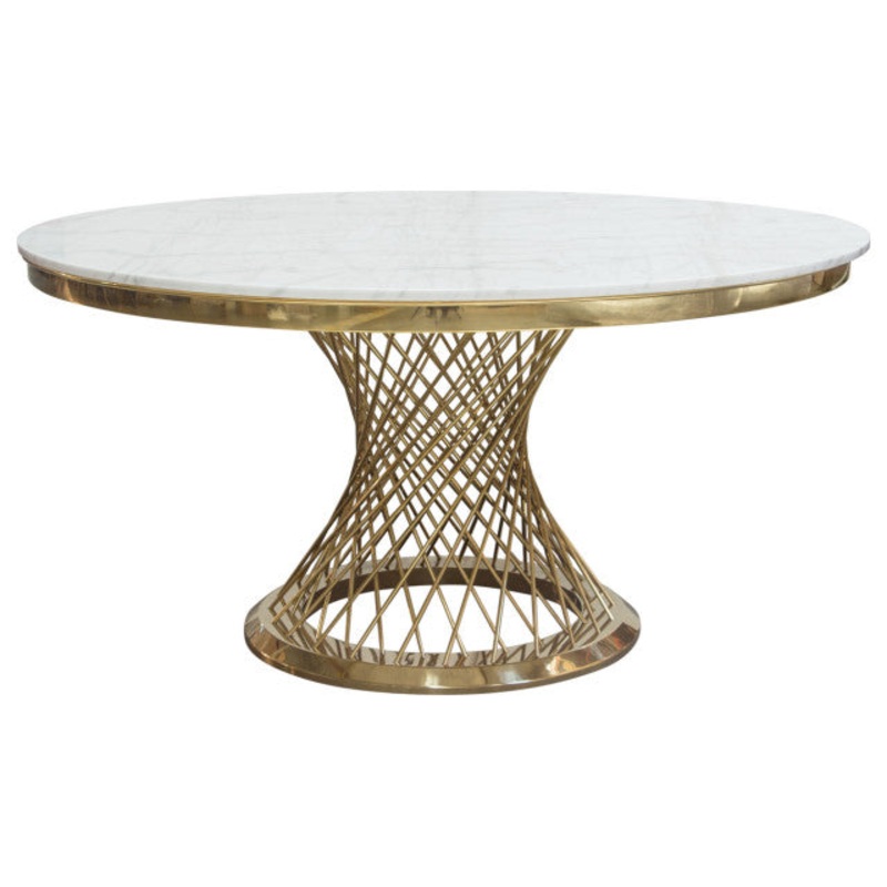 60 Round White Genuine Marble Top Dining Table and Gold Spiral Spoked Base By Diamond Sofa