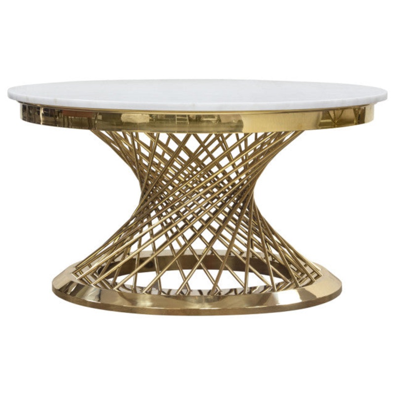 35 Round Cocktail Table with Genuine Marble Top and Gold Spiral Spoked Base By Diamond Sofa