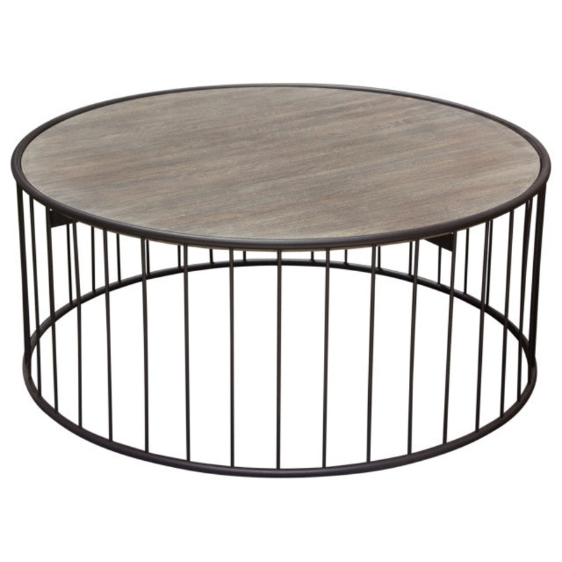 Gibson 38 Round Cocktail Table With Gray Oak Finished Top and Metal Base By Diamond Sofa