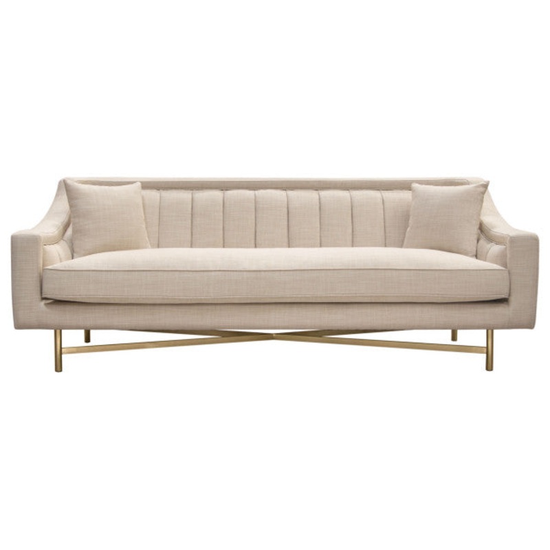 Fabric Sofa in Sand Linen Fabric Accent Pillows and Gold Metal Criss-Cross Frame By Diamond Sofa