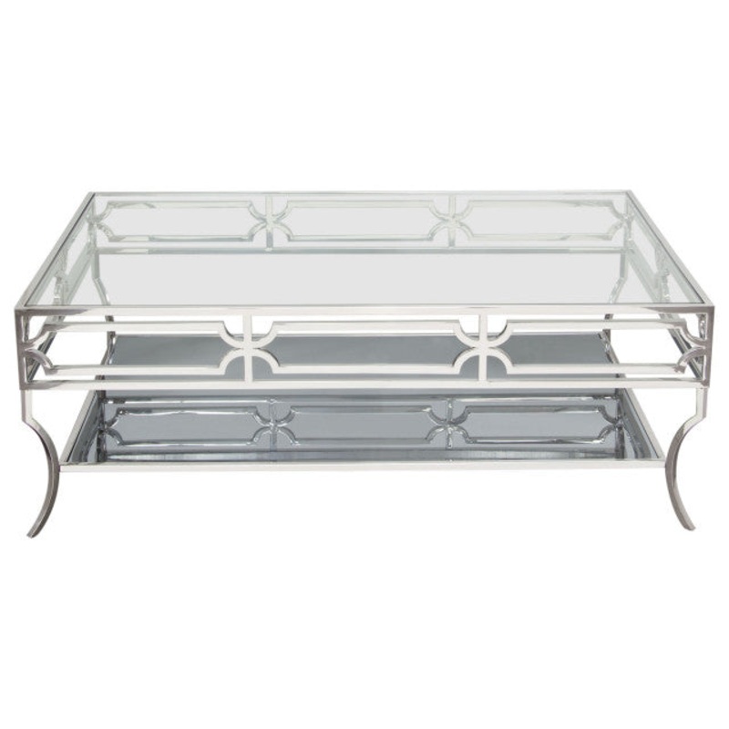 Cocktail Table with Clear Glass Top Mirrored Shelf & Stainless Steel Frame By Diamond Sofa