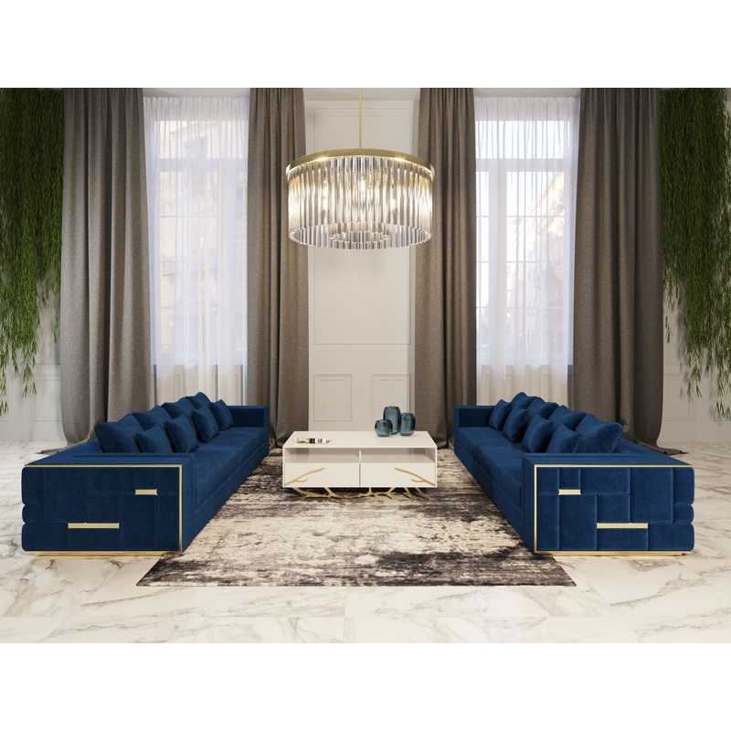 Divani Casa Mobray Glam Blue & Gold Fabric Sofa Model VGUIMY524-BLUE