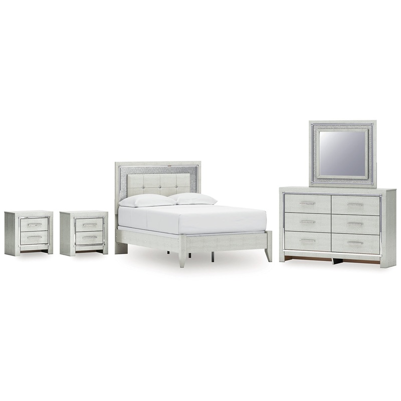 Zyniden Full Upholstered Panel Bed, Dresser, Mirror and 2 Nightstands