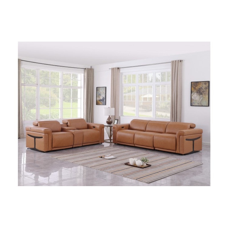 1126 DivanItalia Cognac 6-Piece Modular Power Reclining Sofa and Loveseat Set with Power Headrests – Top Grain Italian LeatherModel:  1126-COGNAC-6.5-HT
