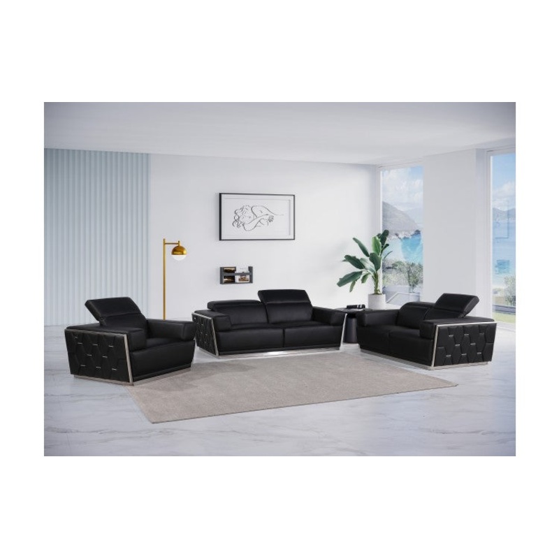 1111 DivanItalia Black Sofa Set  Top Grain Italian LeatherModel:  1111-BLACK