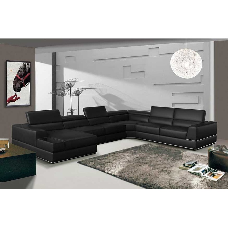 Divani Casa Pella Modern Black Italian Leather U Shaped Laf Chaise Sectional Sofa Model VGEV-5106-BLK-SECT