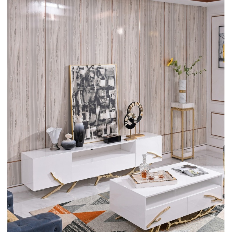 Modrest Legend 87 Wide Modern White Gold Tv Stand Model VGVC-TV8111-L