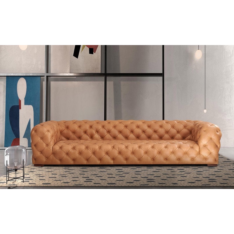 Divani Casa Dexter Transitional Camel Full Italian Leather Tufted Sofa Model VGEV-114-BR-S