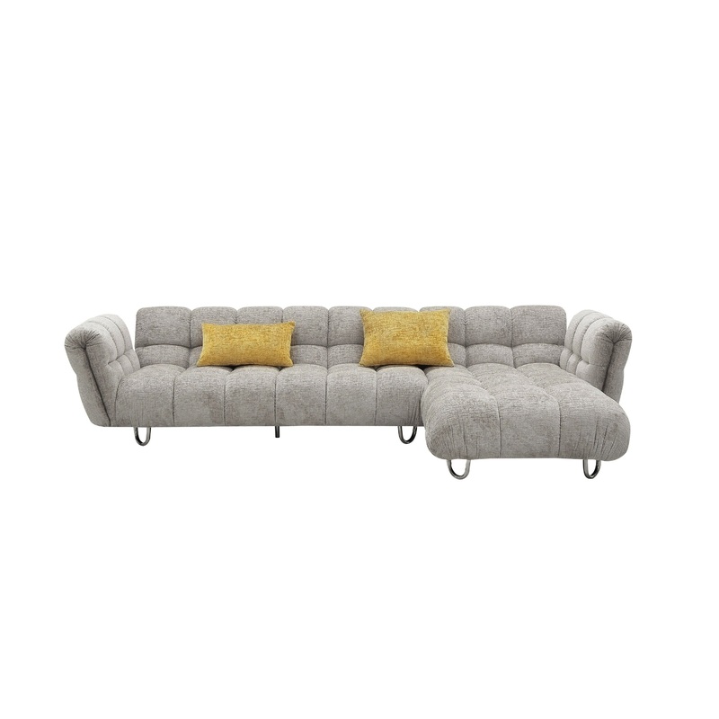 Divani Casa Jacinda Modern Grey Fabric Right Facing Sectional Sofa With 2 Yellow Pillows Model VGEV-23106-GRY-RAF
