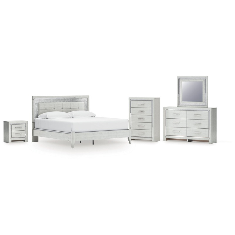 Zyniden King Upholstered Panel Bed, Dresser, Mirror, Chest and Nightstand
