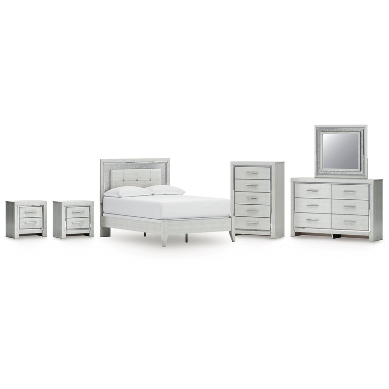 Zyniden Full Upholstered Panel Bed with Mirrored Dresser, Chest and 2 Nightstands