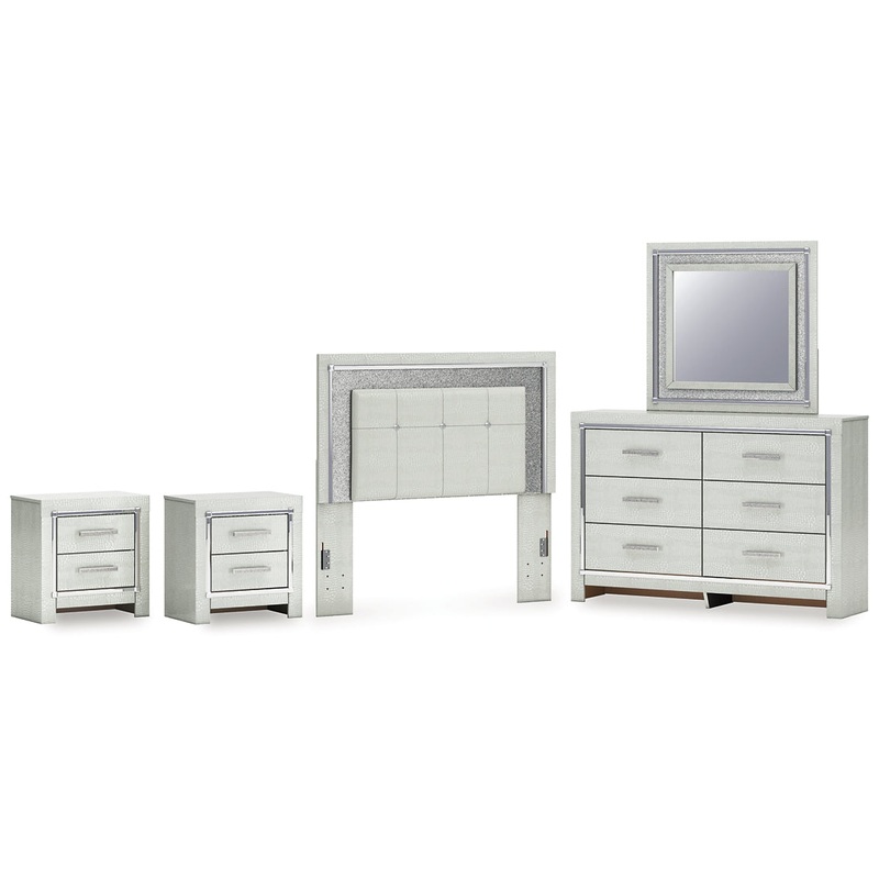 Zyniden Full Upholstered Panel Headboard with Mirrored Dresser and 2 Nightstands