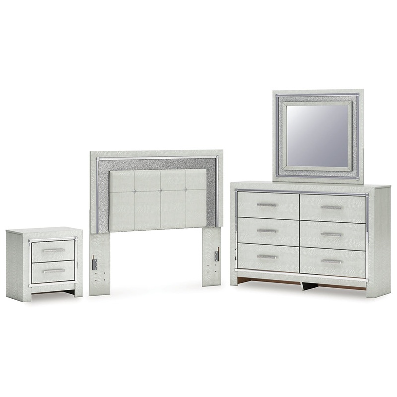 Zyniden Full Upholstered Panel Headboard with Mirrored Dresser and Nightstand