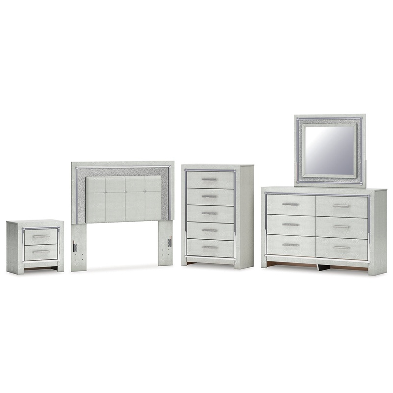 Zyniden Full Upholstered Panel Headboard with Mirrored Dresser, Chest and Nightstand