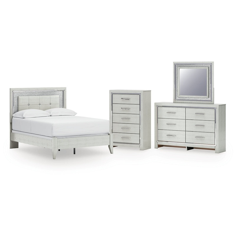 Zyniden Full Upholstered Panel Bed with Mirrored Dresser and Chest