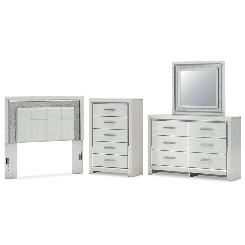 Zyniden Full Upholstered Panel Headboard with Mirrored Dresser and Chest