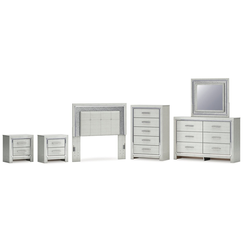 Zyniden Full Upholstered Panel Headboard with Mirrored Dresser, Chest and 2 Nightstands