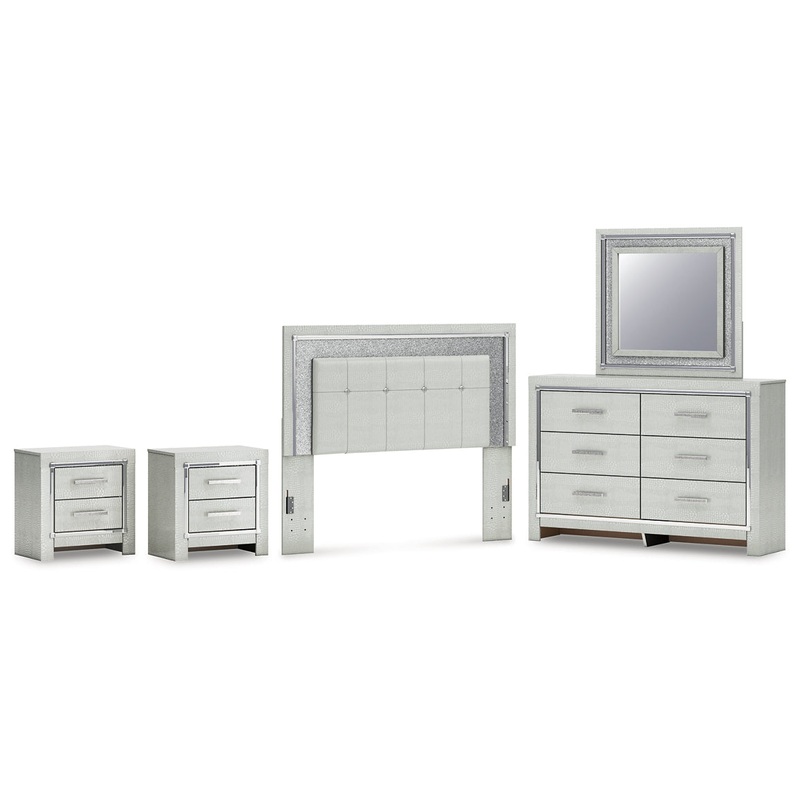 Zyniden Queen Upholstered Panel Headboard with Mirrored Dresser and 2 Nightstands