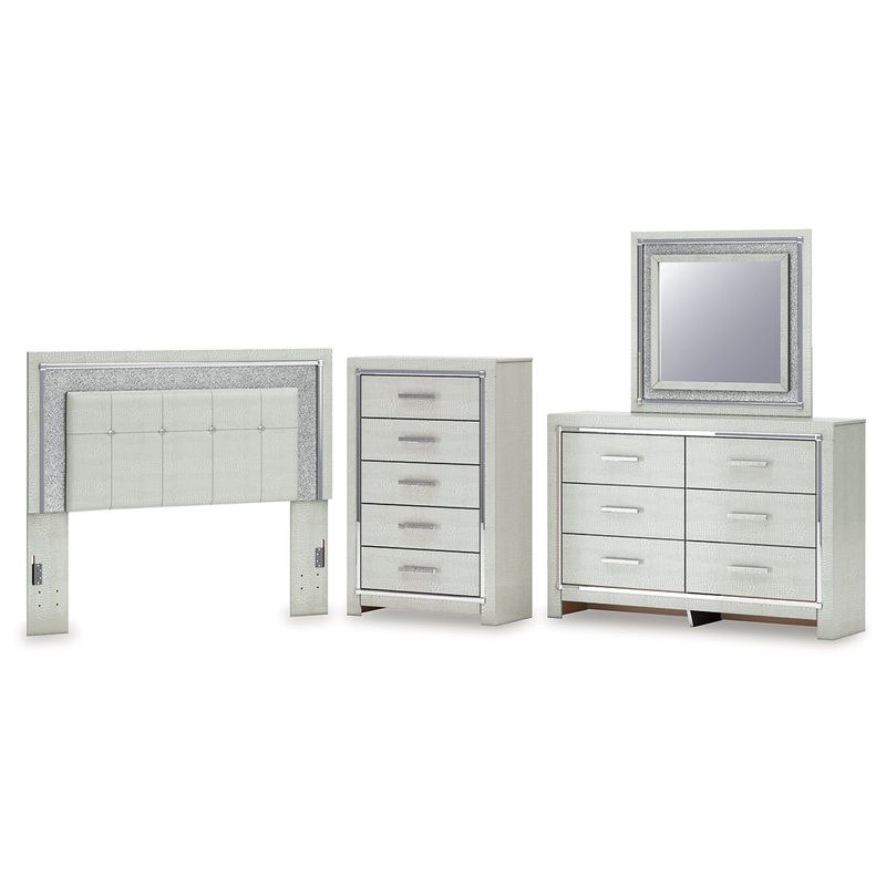 Zyniden Queen Upholstered Panel Headboard with Mirrored Dresser and Chest