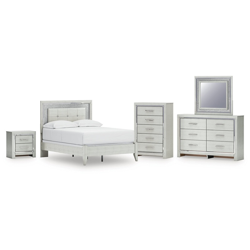 Zyniden Full Upholstered Panel Bed with Mirrored Dresser, Chest and Nightstand