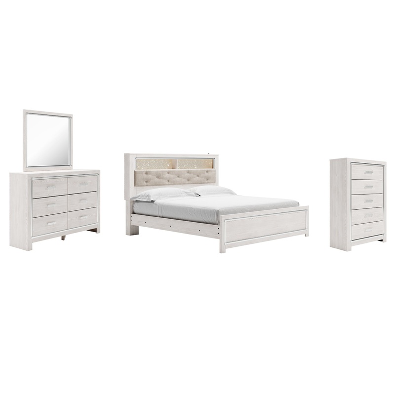 Altyra King Panel Bookcase Bed with Mirrored Dresser and Chest