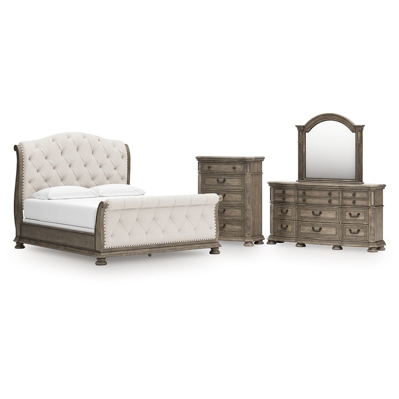 Ardenfield California King Upholstered Sleigh Bed with Mirrored Dresser and Chest