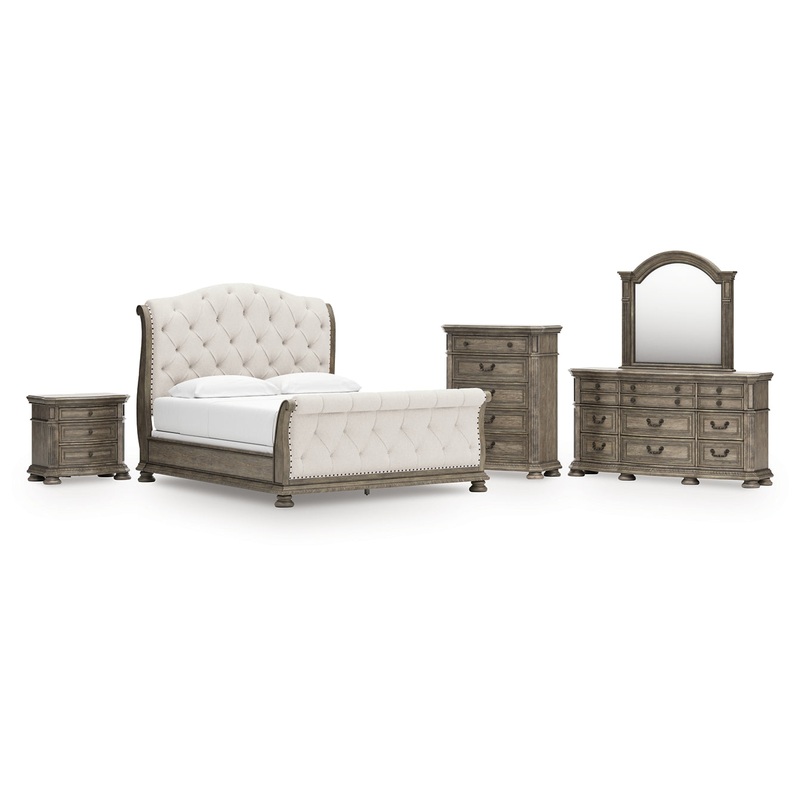 Ardenfield California King Upholstered Sleigh Bed with Mirrored Dresser, Chest and Nightstand