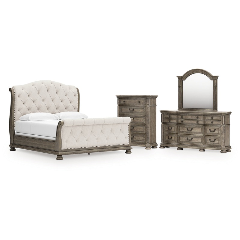 Ardenfield King Upholstered Sleigh Bed with Mirrored Dresser and Chest