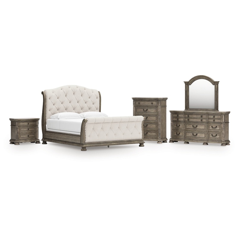 Ardenfield King Upholstered Sleigh Bed with Mirrored Dresser, Chest and Nightstand
