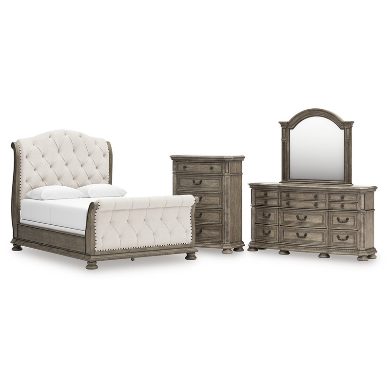 Ardenfield Queen Upholstered Sleigh Bed with Mirrored Dresser and Chest