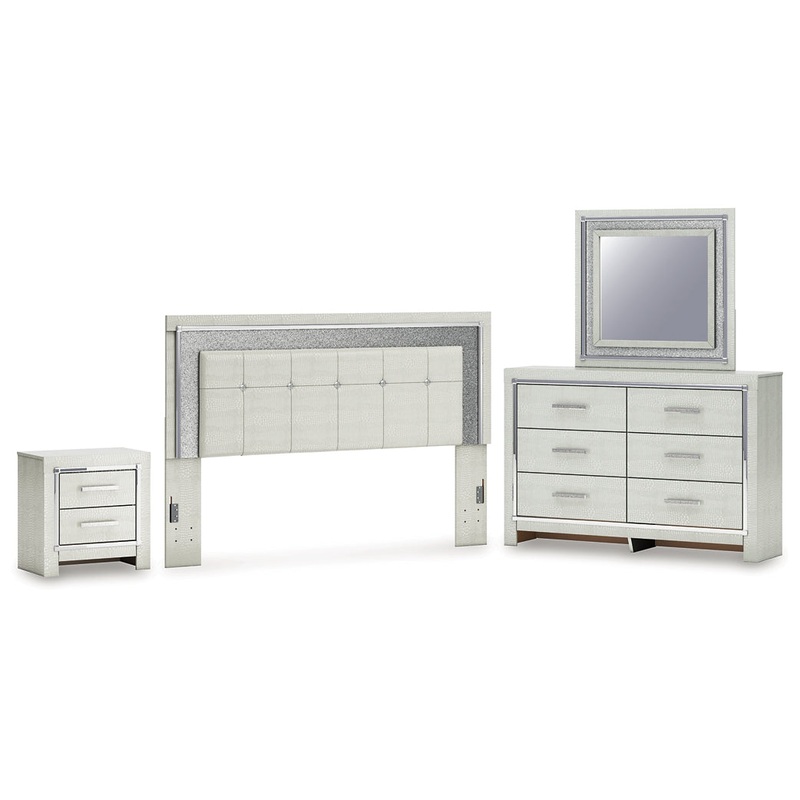 Zyniden King Upholstered Panel Headboard with Mirrored Dresser and Nightstand