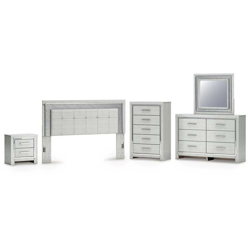 Zyniden King Upholstered Panel Headboard with Mirrored Dresser, Chest and Nightstand