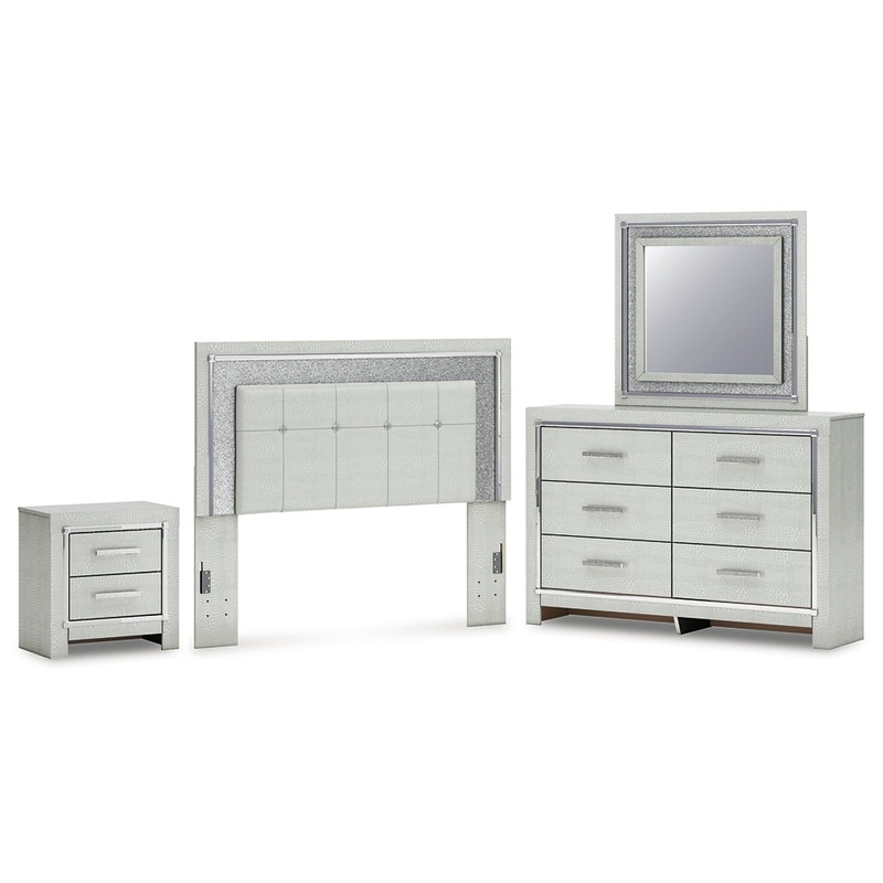 Zyniden Queen Upholstered Panel Headboard with Mirrored Dresser and Nightstand